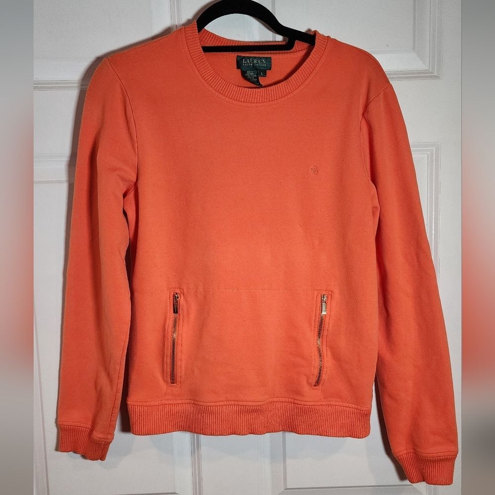 Lauren Ralph Lauren Orange Cotton Blend Fleece Lined Zip Pocket Sweater L
